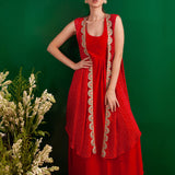 RED BANDHANI TASHA CAPE AND DRESS SET