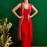 RED BANDHANI TASHA CAPE AND DRESS SET