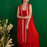 RED BANDHANI TASHA CAPE AND DRESS SET