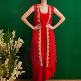 RED BANDHANI TASHA CAPE AND DRESS SET