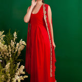 RED BANDHANI TASHA CAPE AND DRESS SET