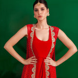 RED BANDHANI TASHA CAPE AND DRESS SET
