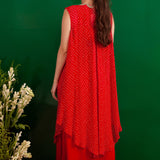 RED BANDHANI TASHA CAPE AND DRESS SET
