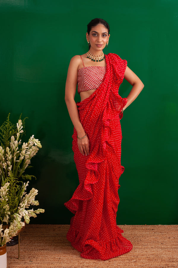 RED RARA SAREE, CROP TOP & BELT | SET OF THREE
