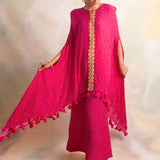WATERMELON PINK BANDHANI KAI CAPE AND PANTS SET OF 2