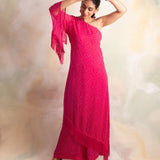 WATERMELON PINK BANDHANI SABA ONE SHOULDER DRESS AND PANTS SET