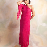 WATERMELON PINK BANDHANI SABA ONE SHOULDER DRESS AND PANTS SET