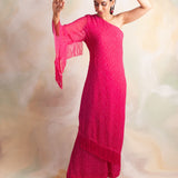 WATERMELON PINK BANDHANI SABA ONE SHOULDER DRESS AND PANTS SET