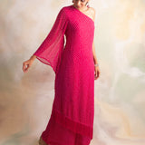 WATERMELON PINK BANDHANI SABA ONE SHOULDER DRESS AND PANTS SET
