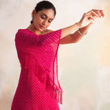 WATERMELON PINK BANDHANI SABA ONE SHOULDER DRESS AND PANTS SET