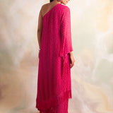 WATERMELON PINK BANDHANI SABA ONE SHOULDER DRESS AND PANTS SET
