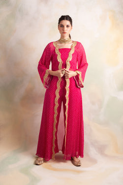 FUSCHIA BANDHANI  GEORGETTE NAAZ JACKET WITH CROP TOP AND PANTS SET