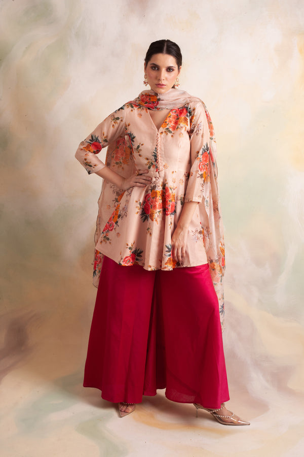 BEIGE AND RUBY RED SHAINA PEPLUM TOP WITH PANTS AND ODHANI SET