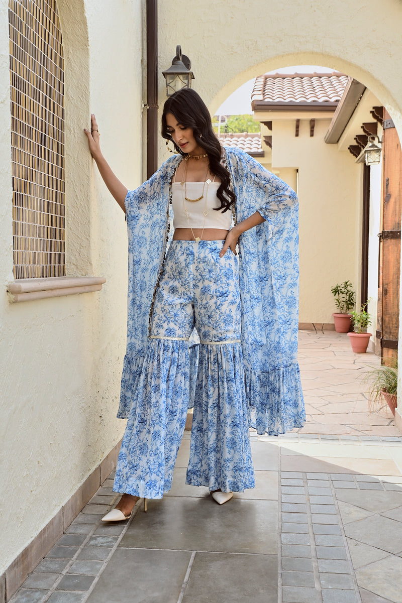 Printed pure crape crop top with palazzo pant and shrug Set of 3 -0282