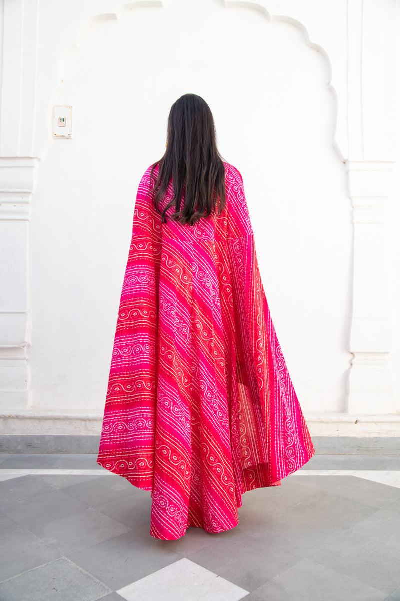 FUCHSIA PINK BANDHANI MIHIKA TOP & CREAM PANTS SET