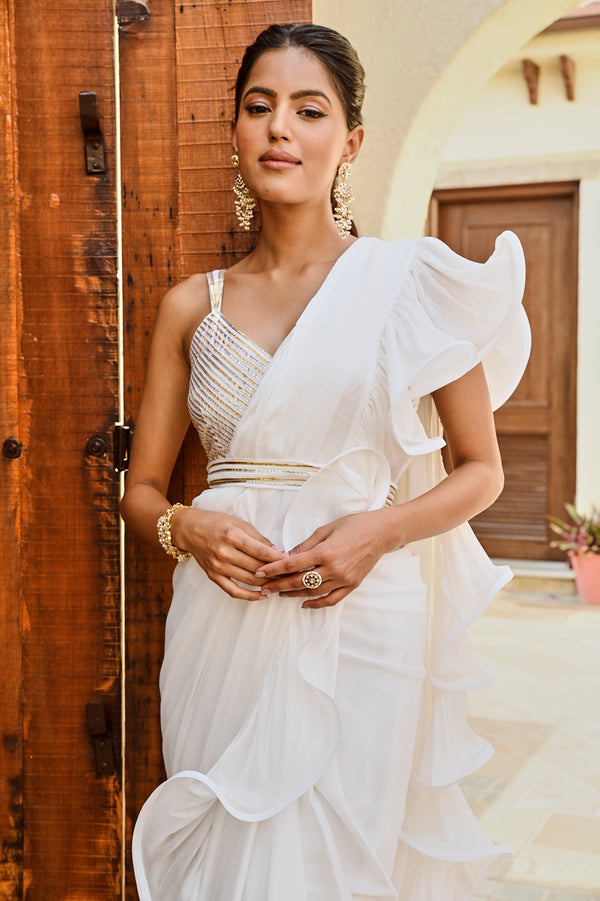 WHITE RARA , CROP TOP,SAREE  | SET OF THREE