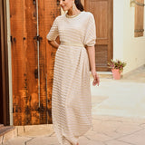 BEIGE AND GOLD ZIVA COWL DRESS