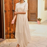 BEIGE AND GOLD ZIVA COWL DRESS