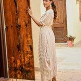 BEIGE AND GOLD ZIVA COWL DRESS