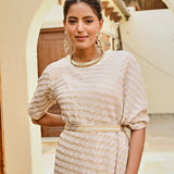 BEIGE AND GOLD ZIVA COWL DRESS