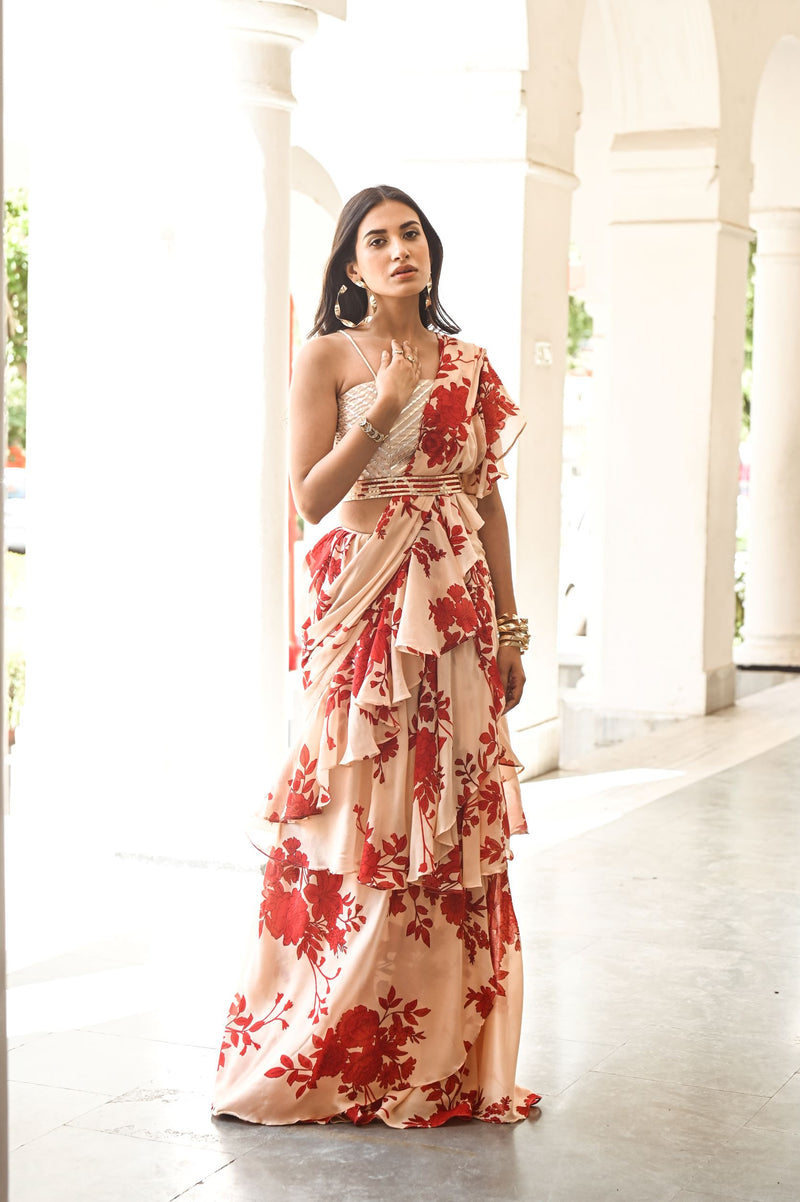 Rishi & Vibhuti - Pink Cotton Embroidery Bugle Delilah Pre-draped Saree  With Bralette For Women