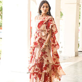DIPTI DHILLON | BEIGE AND RED ISHNA DRAPED SAREE , BELT AND EMBELLISHED CROP TOP
