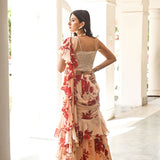 DIPTI DHILLON | BEIGE AND RED ISHNA DRAPED SAREE , BELT AND EMBELLISHED CROP TOP