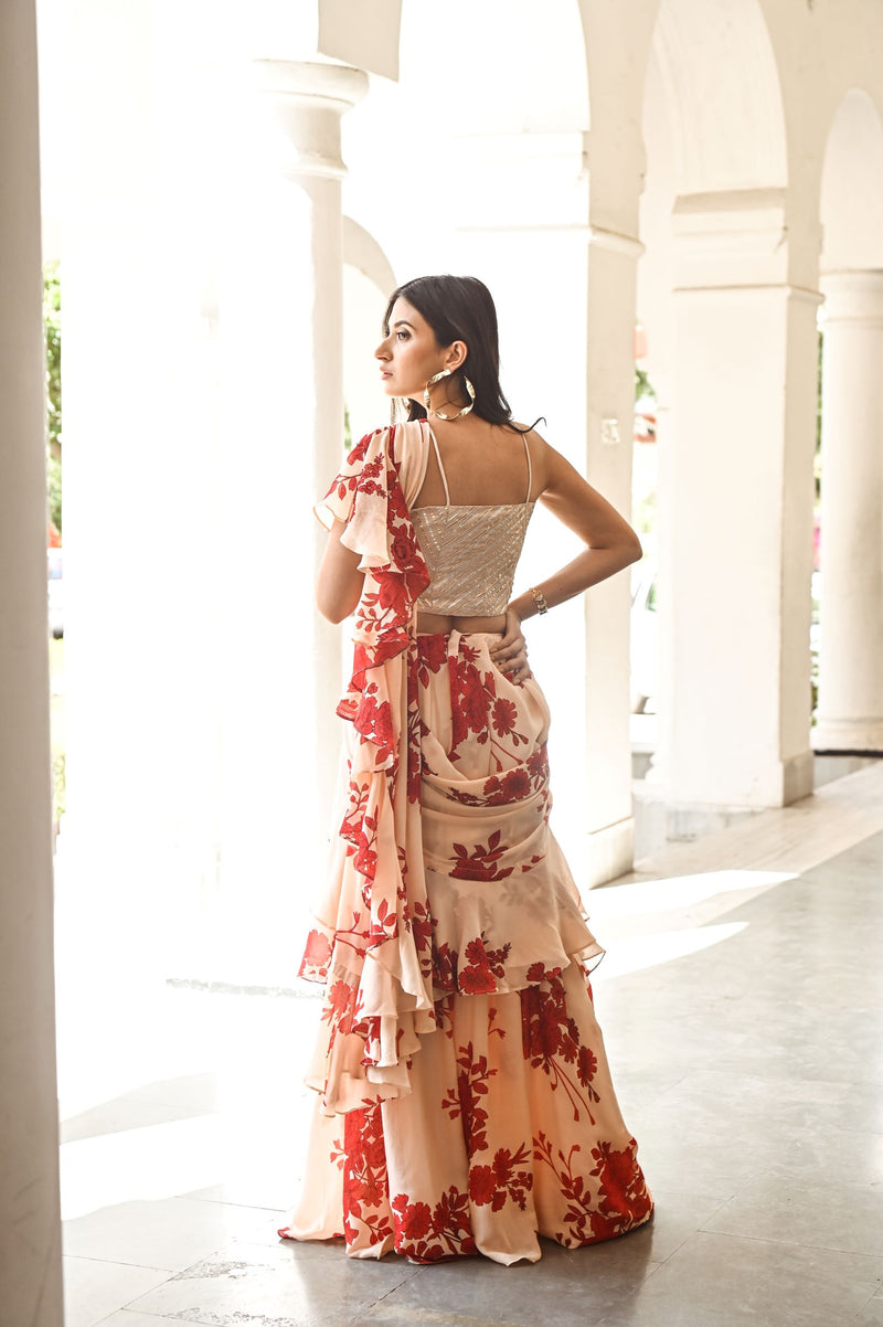 DIPTI DHILLON | BEIGE AND RED ISHNA DRAPED SAREE , BELT AND EMBELLISHED CROP TOP