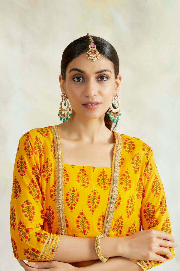 MUSTARD NAAZ CAPE WITH CROP TOP AND PANT SET