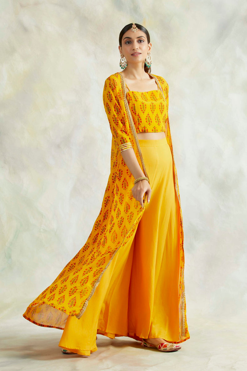 MUSTARD NAAZ CAPE WITH CROP TOP AND PANT SET OF 3
