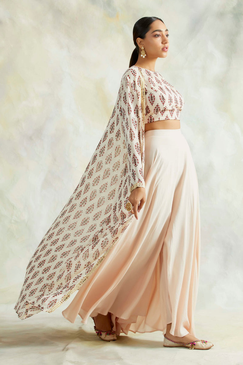 PEACH NAAZ CAPE WITH CROP TOP AND PANT SET