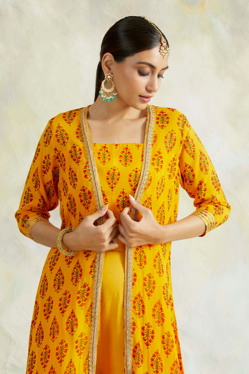 MUSTARD NAAZ CAPE WITH CROP TOP AND PANT SET