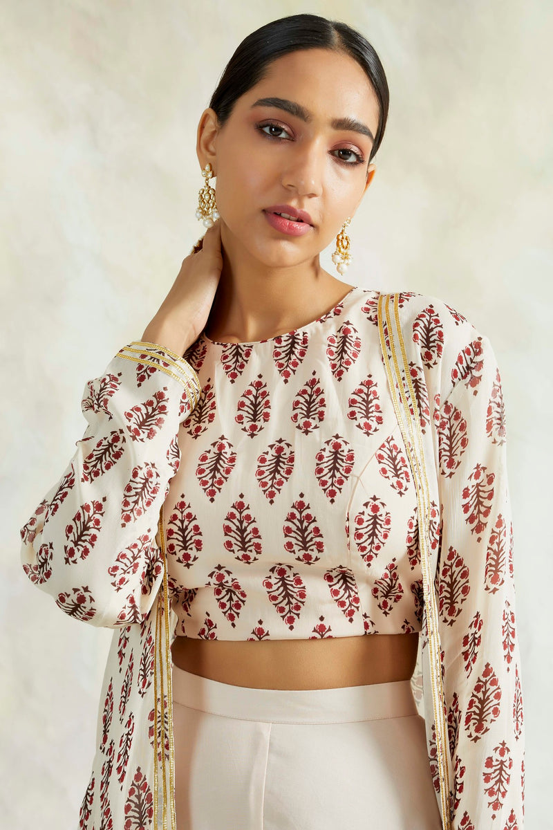 PEACH NAAZ CAPE WITH CROP TOP AND PANT SET